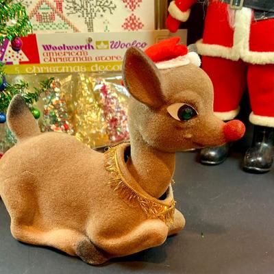 LOT 41: Vintage Christmas Collection Including a Knee Hugger Elf, a Doll with a Santa Mask, Bobbing Head Deer, Milk Glass Bowl and Much More