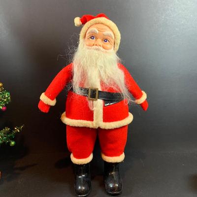 LOT 41: Vintage Christmas Collection Including a Knee Hugger Elf, a Doll with a Santa Mask, Bobbing Head Deer, Milk Glass Bowl and Much More