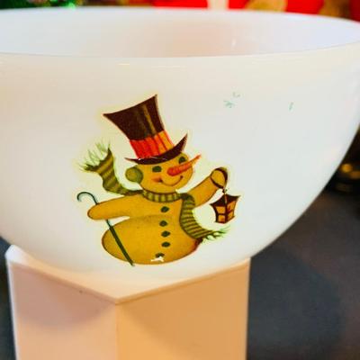 LOT 41: Vintage Christmas Collection Including a Knee Hugger Elf, a Doll with a Santa Mask, Bobbing Head Deer, Milk Glass Bowl and Much More