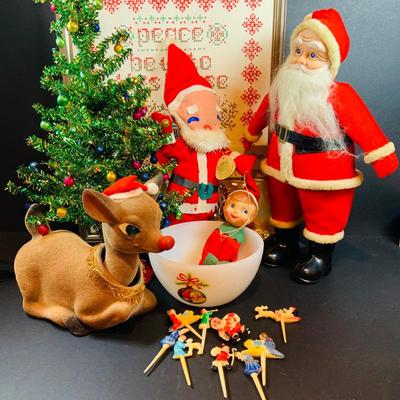 LOT 41: Vintage Christmas Collection Including a Knee Hugger Elf, a Doll with a Santa Mask, Bobbing Head Deer, Milk Glass Bowl and Much More