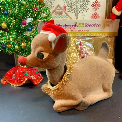 LOT 41: Vintage Christmas Collection Including a Knee Hugger Elf, a Doll with a Santa Mask, Bobbing Head Deer, Milk Glass Bowl and Much More