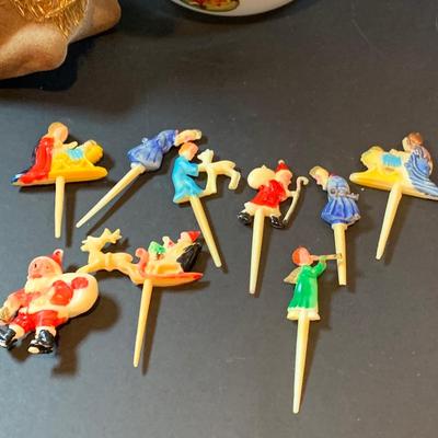 LOT 41: Vintage Christmas Collection Including a Knee Hugger Elf, a Doll with a Santa Mask, Bobbing Head Deer, Milk Glass Bowl and Much More