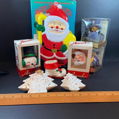 LOT:42: Vintage Christmas Decorations Including Annalee Snowman and Santa Head Ornaments, Light Up Singing Santa In Original Box, Ceramic...
