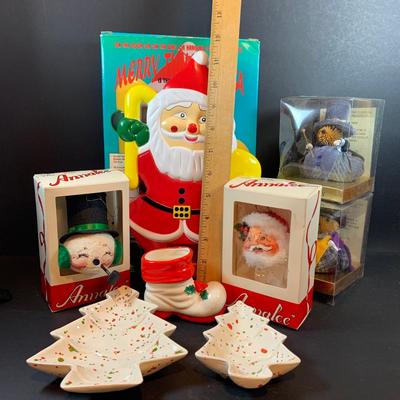 LOT:42: Vintage Christmas Decorations Including Annalee Snowman and Santa Head Ornaments, Light Up Singing Santa In Original Box, Ceramic...