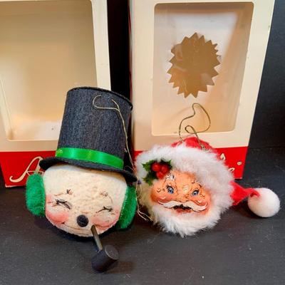 LOT:42: Vintage Christmas Decorations Including Annalee Snowman and Santa Head Ornaments, Light Up Singing Santa In Original Box, Ceramic...