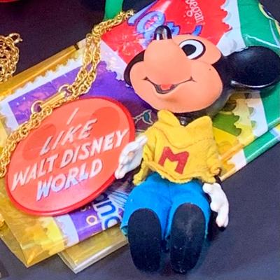 LOT43: Vintage Disney Collection Including Marx Plastic Figurines, Character Necklaces, Mickey Bag and Much More