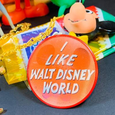 LOT43: Vintage Disney Collection Including Marx Plastic Figurines, Character Necklaces, Mickey Bag and Much More
