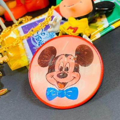 LOT43: Vintage Disney Collection Including Marx Plastic Figurines, Character Necklaces, Mickey Bag and Much More
