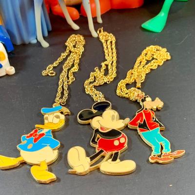 LOT43: Vintage Disney Collection Including Marx Plastic Figurines, Character Necklaces, Mickey Bag and Much More