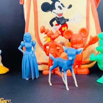 LOT43: Vintage Disney Collection Including Marx Plastic Figurines, Character Necklaces, Mickey Bag and Much More
