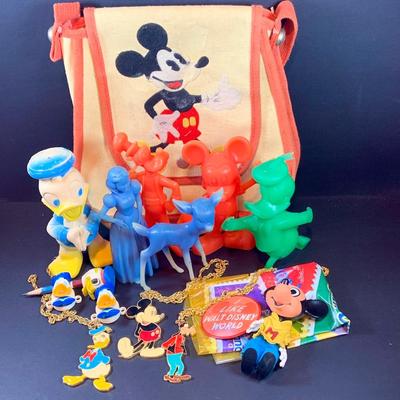 LOT43: Vintage Disney Collection Including Marx Plastic Figurines, Character Necklaces, Mickey Bag and Much More
