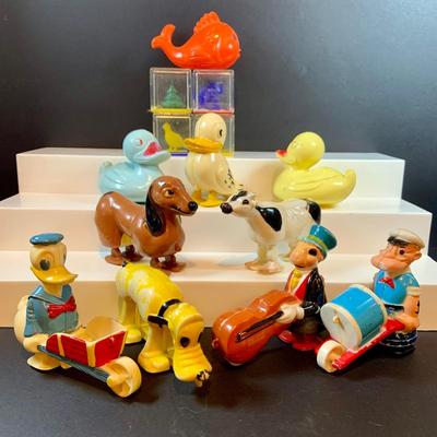 LOT 40: Collection of Vintage Plastic Walking Toys Including Donald Duck, Popeye, Jiminy Cricket, Pluto and More Vintage Toys