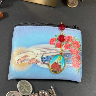 LOT 45: Collection of Rosaries, Crucifixes, Devotionals an Vintage Madonna Jewelry Box Made In Cuba