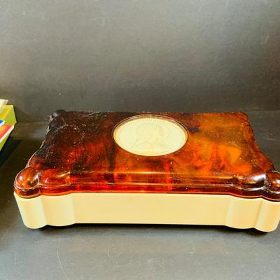 LOT 45: Collection of Rosaries, Crucifixes, Devotionals an Vintage Madonna Jewelry Box Made In Cuba