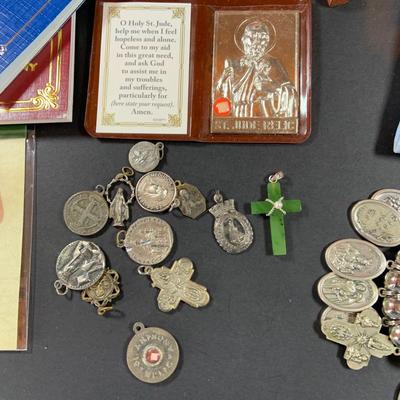 LOT 45: Collection of Rosaries, Crucifixes, Devotionals an Vintage Madonna Jewelry Box Made In Cuba