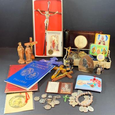 LOT 45: Collection of Rosaries, Crucifixes, Devotionals an Vintage Madonna Jewelry Box Made In Cuba