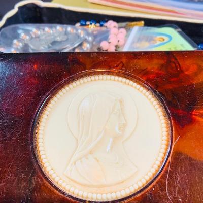 LOT 45: Collection of Rosaries, Crucifixes, Devotionals an Vintage Madonna Jewelry Box Made In Cuba