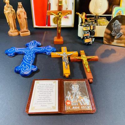 LOT 45: Collection of Rosaries, Crucifixes, Devotionals an Vintage Madonna Jewelry Box Made In Cuba
