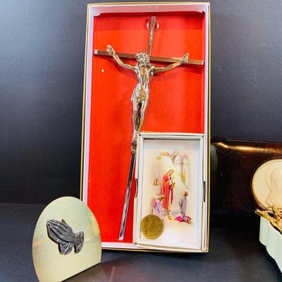 LOT 45: Collection of Rosaries, Crucifixes, Devotionals an Vintage Madonna Jewelry Box Made In Cuba