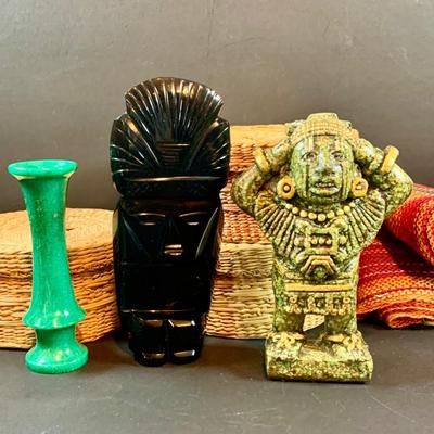 LOT 46: South of the Boarder Collection of Figurines, Baskets with Lids, Blanket and Belt