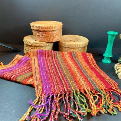 LOT 46: South of the Boarder Collection of Figurines, Baskets with Lids, Blanket and Belt