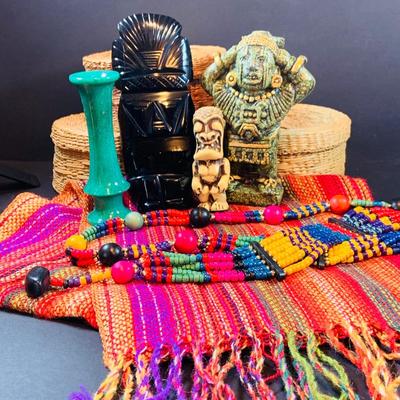LOT 46: South of the Boarder Collection of Figurines, Baskets with Lids, Blanket and Belt