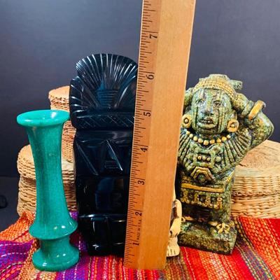 LOT 46: South of the Boarder Collection of Figurines, Baskets with Lids, Blanket and Belt