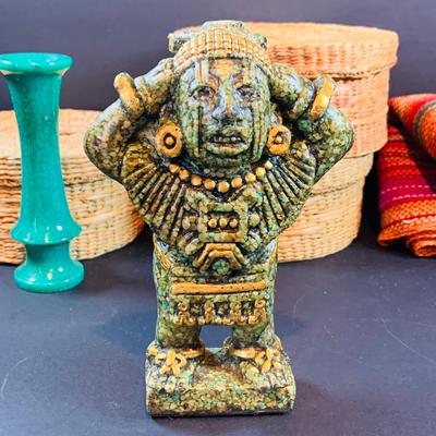 LOT 46: South of the Boarder Collection of Figurines, Baskets with Lids, Blanket and Belt