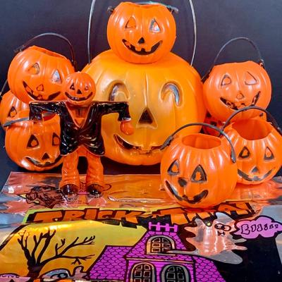 LOT 51: Assortment of Mini Jack-o-Lantern Buckets and Rosbro Style Pumpkin Head Scarecrow and More