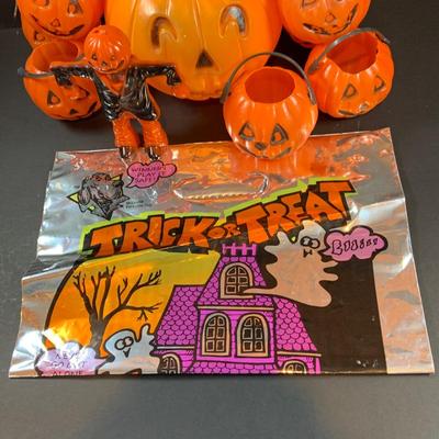 LOT 51: Assortment of Mini Jack-o-Lantern Buckets and Rosbro Style Pumpkin Head Scarecrow and More