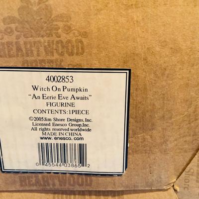 LOT 53: Jim Shore Halloween Witch on a Pumpkin " An Eerie Eve Awaits" Figurine and Holloween Candle Sticks and Toppers