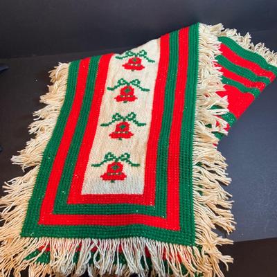 LOT 54: Old Time Christmas Decor Including Caroling Christmas Bells, Plastic Light-up Candle, Santa with Bell and Holiday Table Runners...