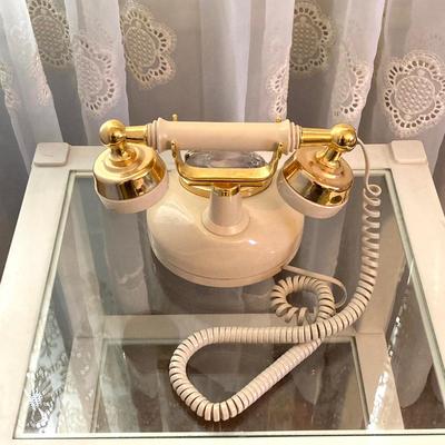 LOT 56: Vintage Sony Clock Radio Model TFM-C550W, French Style Princess Telephone and End Table