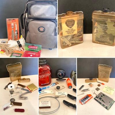 LOT 60: Jeep Backpack, Vintage Military Flasks, Survival Tools and Essentials