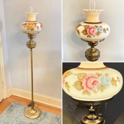 LOT 65: Vintage Hurricane Style Hand Painted Lantern Brass Floor Lamp