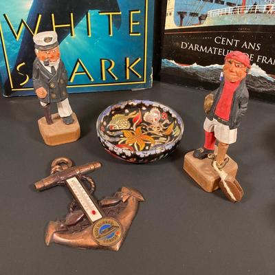 LOT 66: Nautical Collection - Decorative Carved Wooden Figurines, Sea Horses, Made in Spain Bowl, Books and More