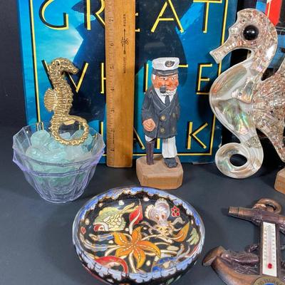 LOT 66: Nautical Collection - Decorative Carved Wooden Figurines, Sea Horses, Made in Spain Bowl, Books and More