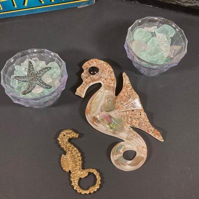 LOT 66: Nautical Collection - Decorative Carved Wooden Figurines, Sea Horses, Made in Spain Bowl, Books and More