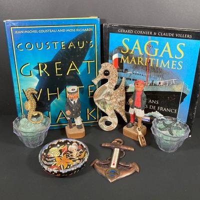 LOT 66: Nautical Collection - Decorative Carved Wooden Figurines, Sea Horses, Made in Spain Bowl, Books and More