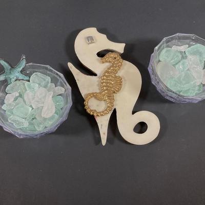 LOT 66: Nautical Collection - Decorative Carved Wooden Figurines, Sea Horses, Made in Spain Bowl, Books and More