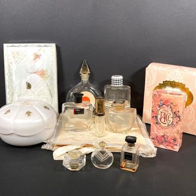 LOT 67: Vintage Westmoreland Handmade Frosted Glass Vanity Set, Perfume, Dusting Powders, Perfume Bottles and More
