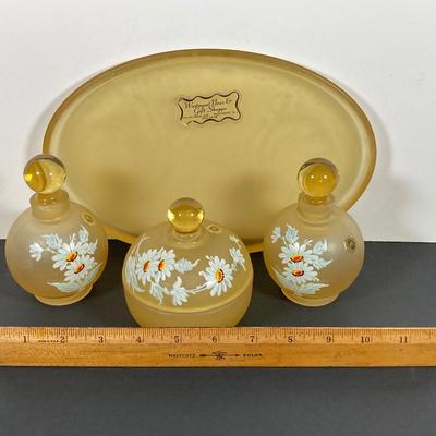 LOT 67: Vintage Westmoreland Handmade Frosted Glass Vanity Set, Perfume, Dusting Powders, Perfume Bottles and More