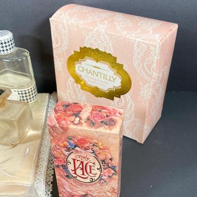 LOT 67: Vintage Westmoreland Handmade Frosted Glass Vanity Set, Perfume, Dusting Powders, Perfume Bottles and More