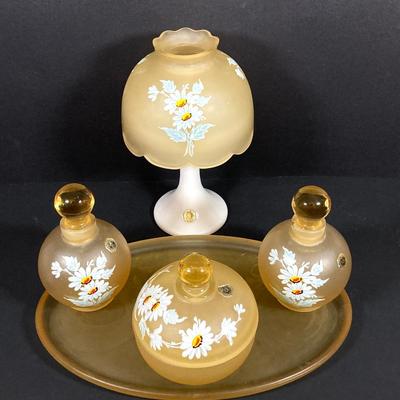 LOT 67: Vintage Westmoreland Handmade Frosted Glass Vanity Set, Perfume, Dusting Powders, Perfume Bottles and More