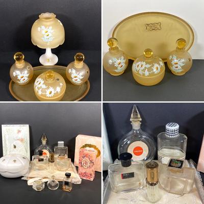 LOT 67: Vintage Westmoreland Handmade Frosted Glass Vanity Set, Perfume, Dusting Powders, Perfume Bottles and More