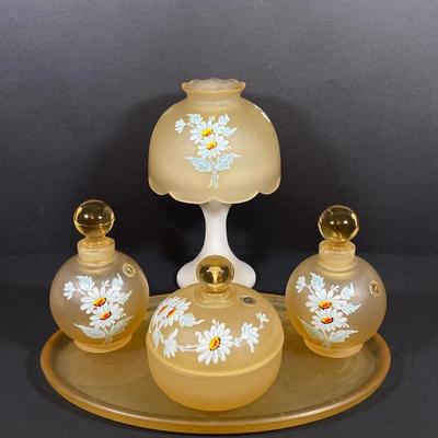 LOT 67: Vintage Westmoreland Handmade Frosted Glass Vanity Set, Perfume, Dusting Powders, Perfume Bottles and More
