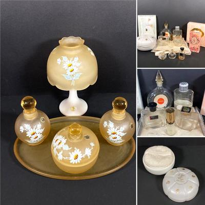 LOT 67: Vintage Westmoreland Handmade Frosted Glass Vanity Set, Perfume, Dusting Powders, Perfume Bottles and More