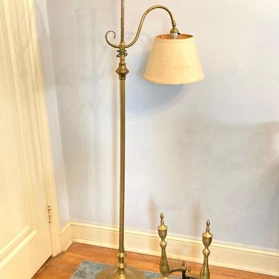 LOT 76: Brass Floor Lamp and Brass Andirons
