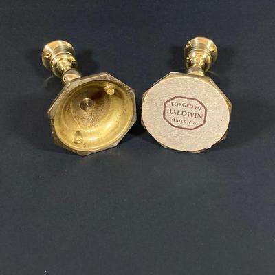 LOT 77: Brass Desk Lamp and Pair of Forged Baldwin Brass Candle Holders