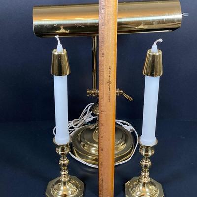 LOT 77: Brass Desk Lamp and Pair of Forged Baldwin Brass Candle Holders